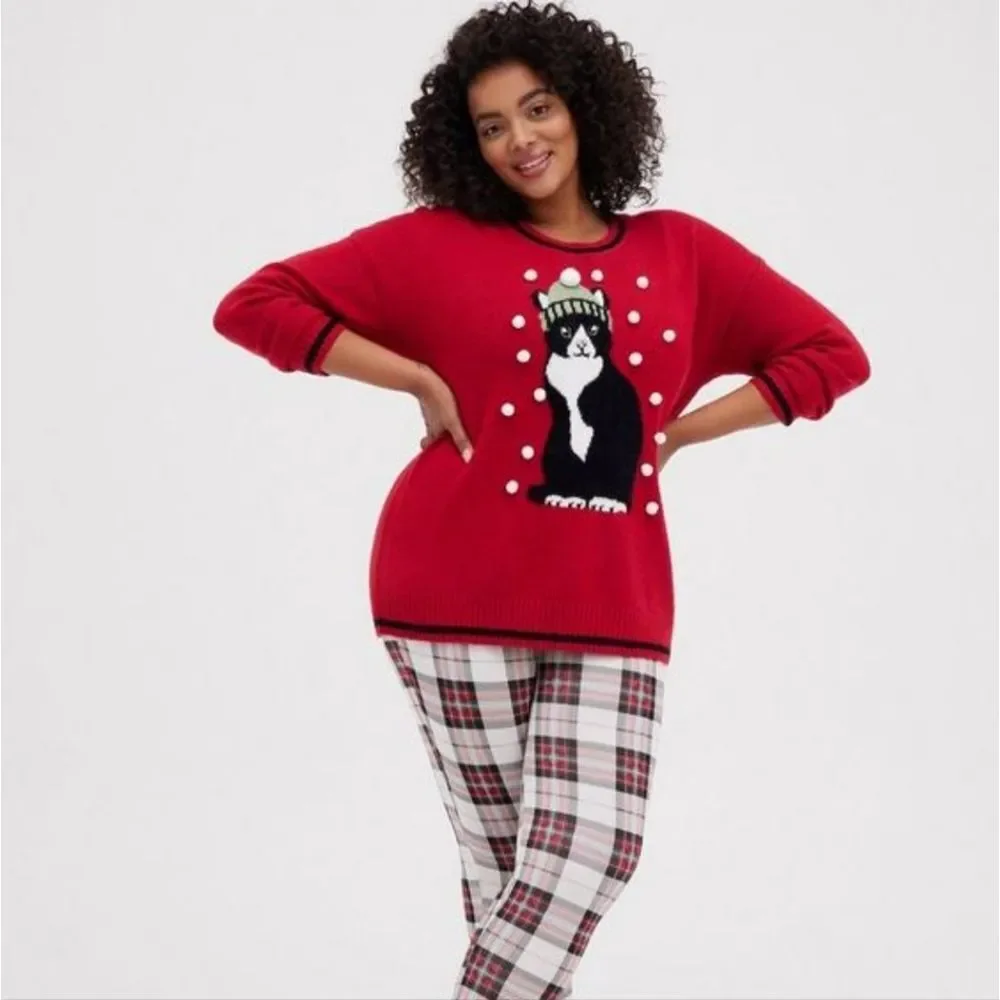 Torrid Women's Plus Size Christmas Holiday Cat Snowball Crew Sweater